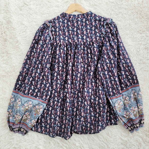 Joie Blue Floral Cotton Ruffle Detail Button Front Top - Picture 5 of 5